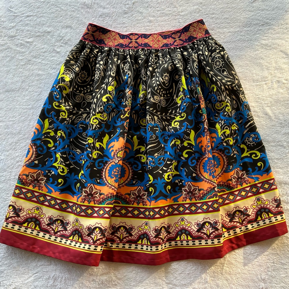 Flying Tomato Multicolor A-Line Boho Skirt, size Medium, Blue, Orange, Yellow